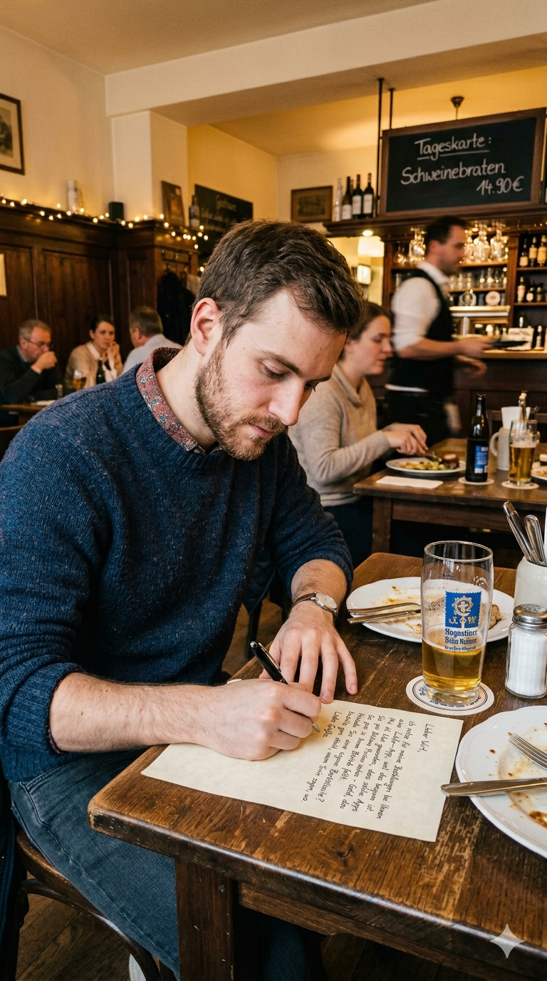 Stammgast schreibt einen Brief in einem Restaurant