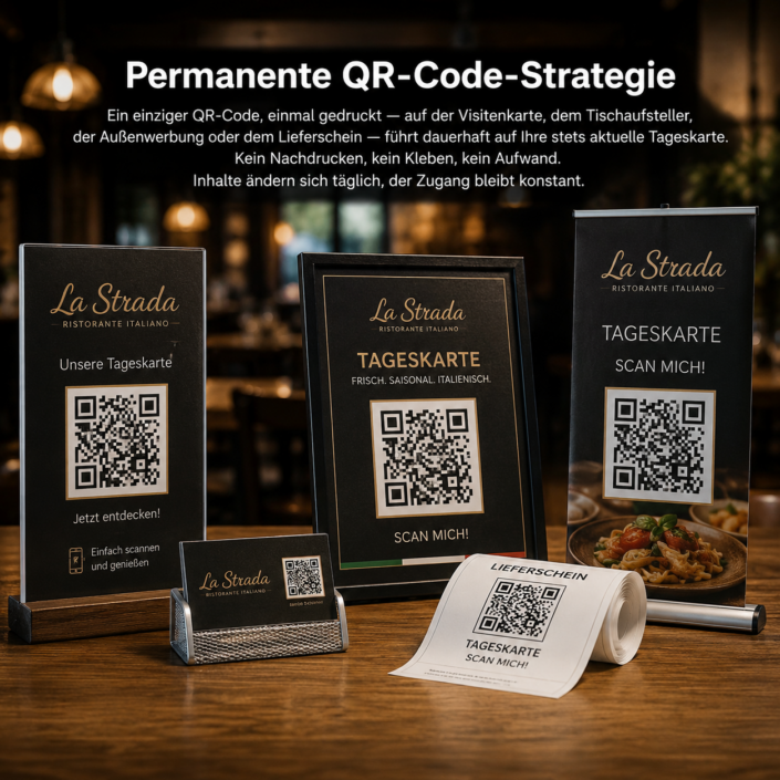 qr-code-strategie Ein einziger QR-Code, einmal gedruckt — auf der Visitenkarte, dem Tischaufsteller, der Außenwerbung oder dem Lieferschein — führt dauerhaft auf Ihre stets aktuelle Tageskarte. Kein Nachdrucken, kein Kleben, kein Aufwand. Inhalte ändern sich täglich, der Zugang bleibt konstant.