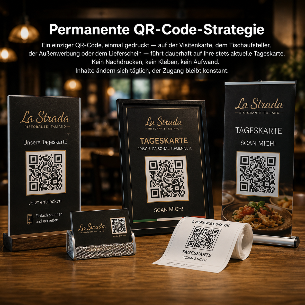 Ein einziger QR-Code, einmal gedruckt — auf der Visitenkarte, dem Tischaufsteller, der Außenwerbung oder dem Lieferschein — führt dauerhaft auf Ihre stets aktuelle Tageskarte. Kein Nachdrucken, kein Kleben, kein Aufwand. Inhalte ändern sich täglich, der Zugang bleibt konstant.